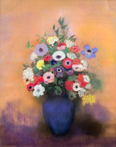 Anemonen en seringen in een Blauwe Vaas, na 1912 door Odilon Redon